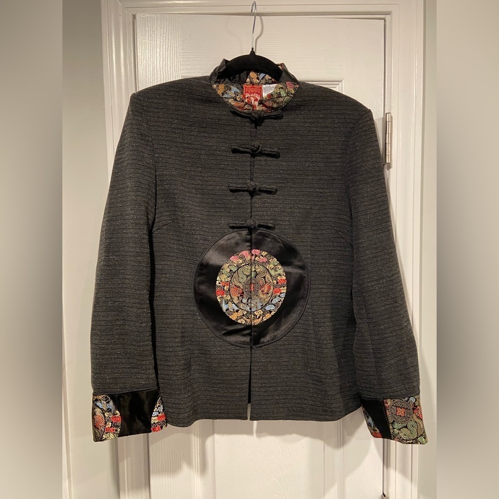 April Cornell Size S Asian Inspired Gray Blazer Silky Appliqué Rope Buttons